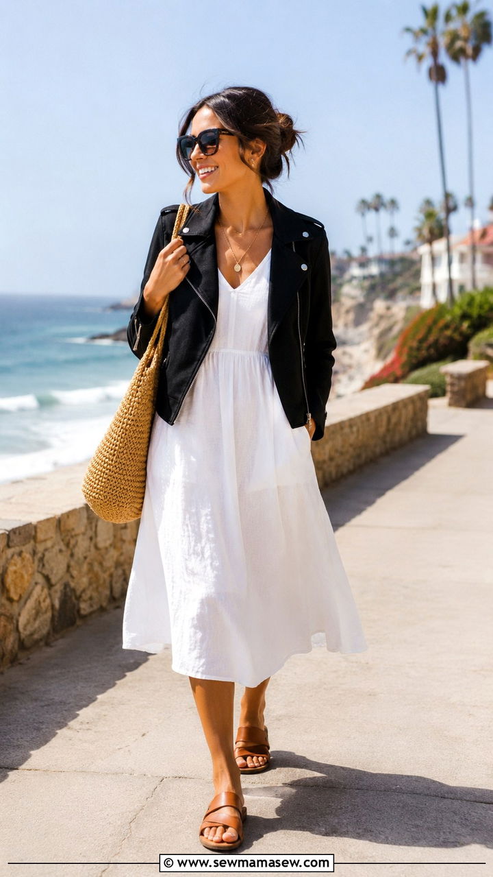 Moto Jacket With Linen Dress And Flat Sandals - 30 How to style a moto jacket