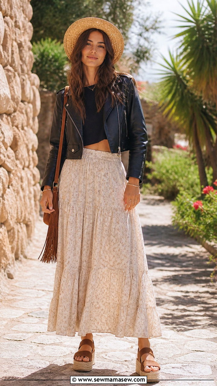 Moto Jacket With Maxi Skirt and Platform Sandals - 40 Moto jacket outfit ideas