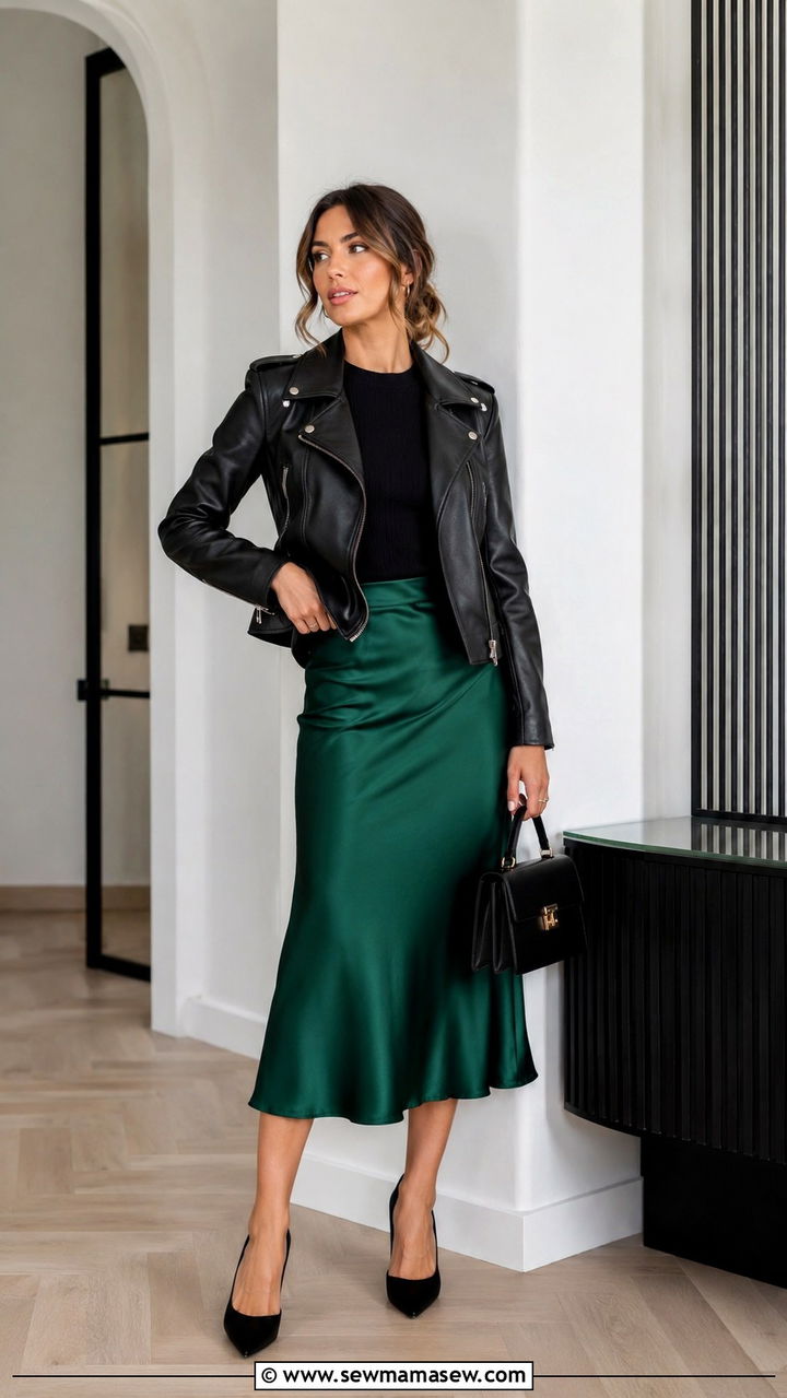 Moto Jacket With Satin Midi Skirt And Pointed Heels - 30 How to style a moto jacket