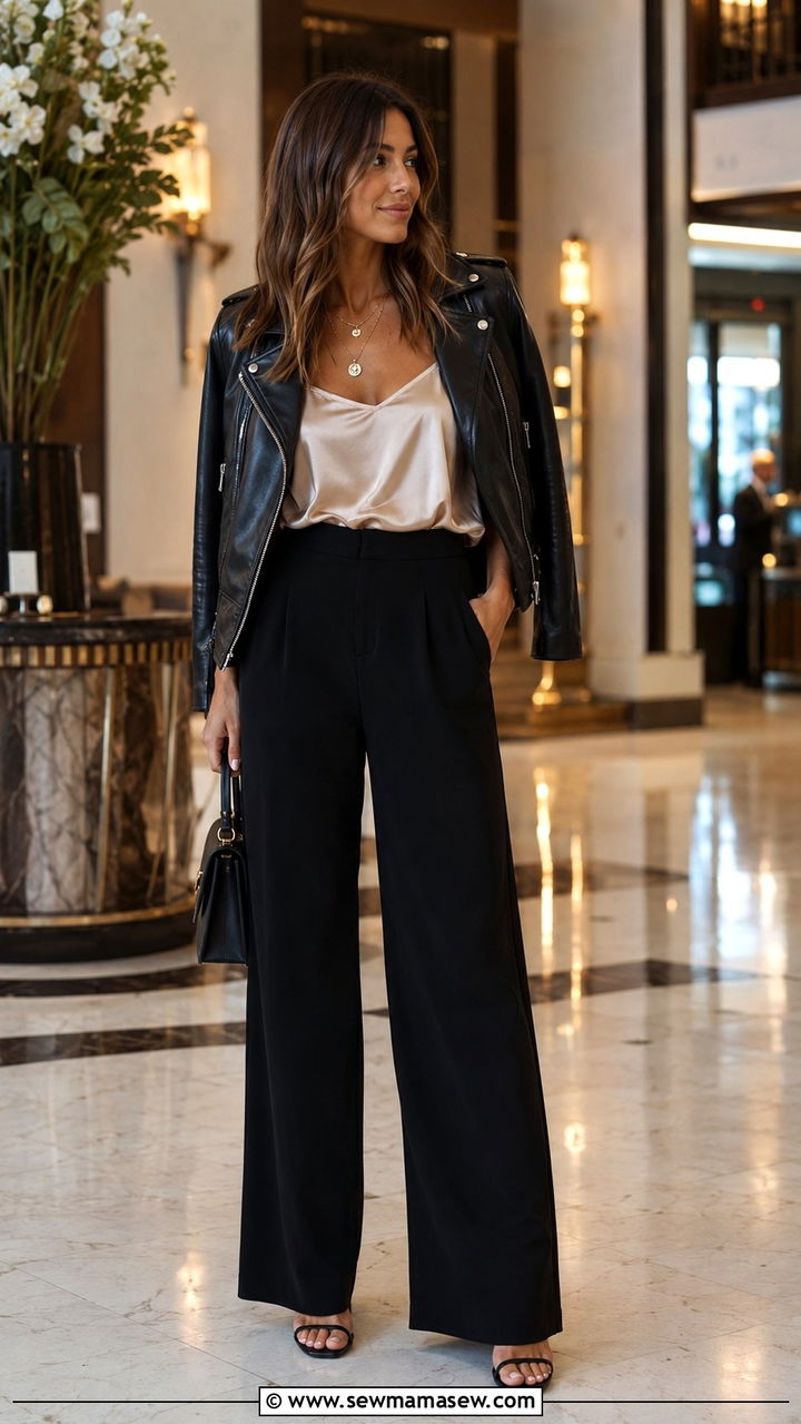 Moto Jacket With Silk Cami And Wide Leg Trousers - 30 How to style a moto jacket