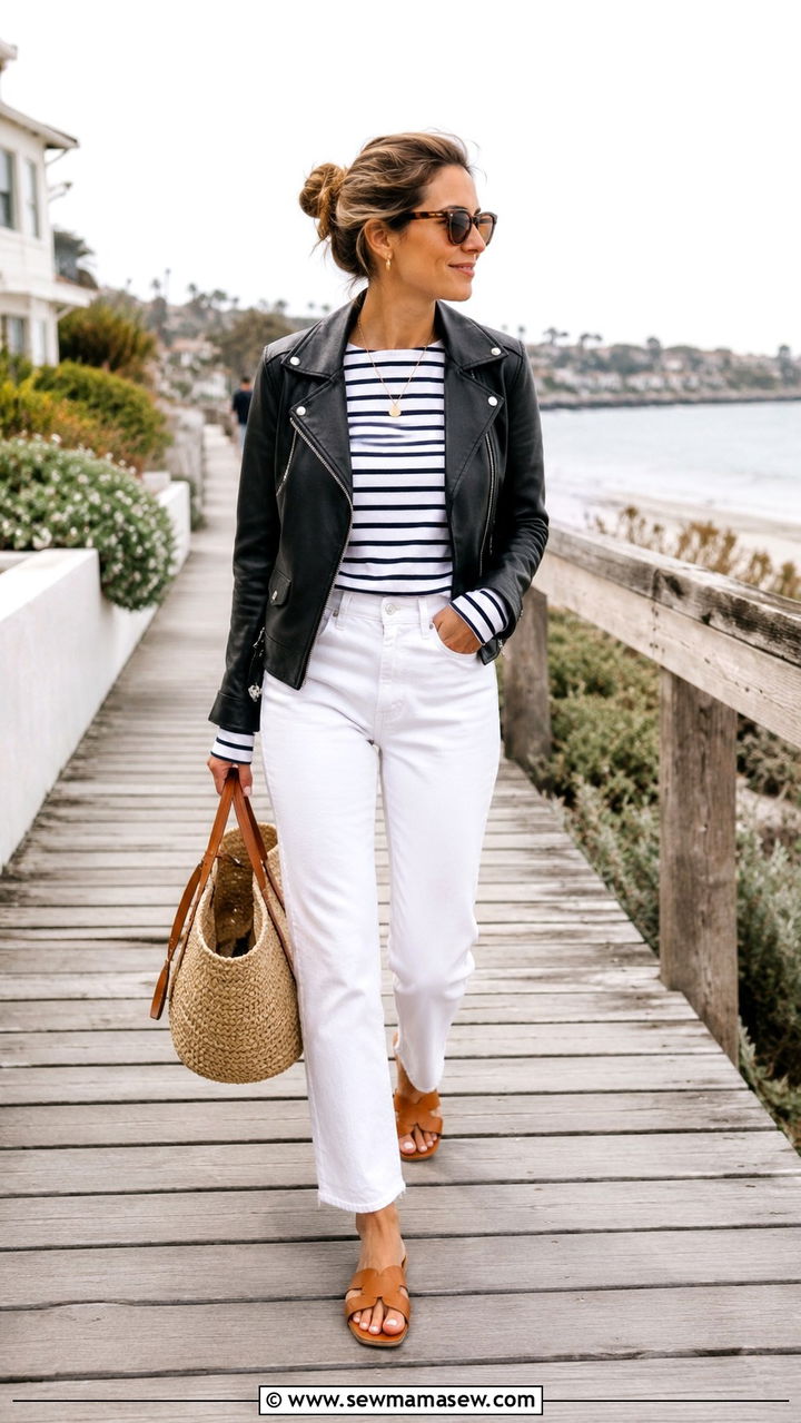 Moto Jacket With Striped Tee And White Jeans - 30 How to style a moto jacket
