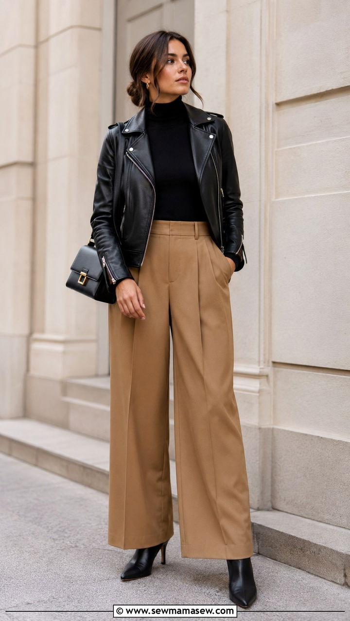 Moto Jacket With Turtleneck And Wide Leg Trousers - 30 How to style a moto jacket