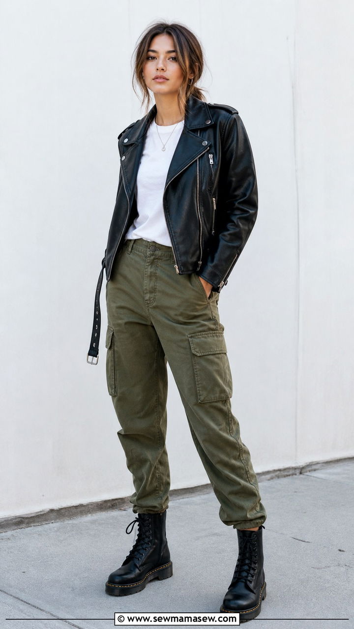 Moto Jacket With Utility Cargo Pants and a Simple Tee - 40 Moto jacket outfit ideas