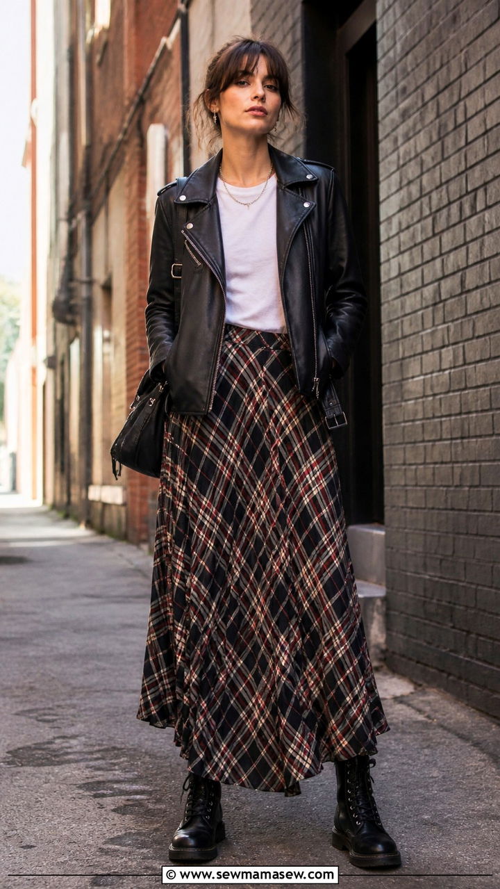Moto Jacket and Plaid Maxi Skirt - 40 cute maxi skirt outfits
