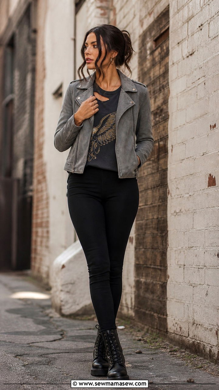 Moto Jacket with Graphic Tee and Black Leggings - 40 casual jacket outfits
