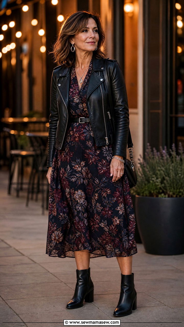 Moto Jacket with a Dark Floral Dress and Ankle Boots - 25 grunge outfit ideas for women over 40