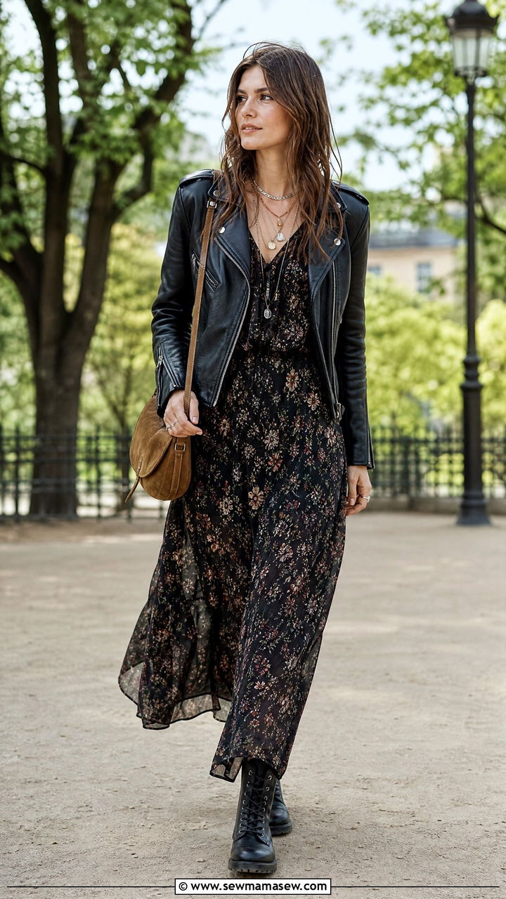 Moto Leather Jacket and Flowy Maxi Dress - 25 classy grunge outfits
