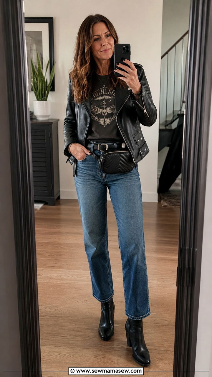 Moto Leather Jacket with Graphic Tee and Straight Jeans - 30 leather jacket outfits for women over 40