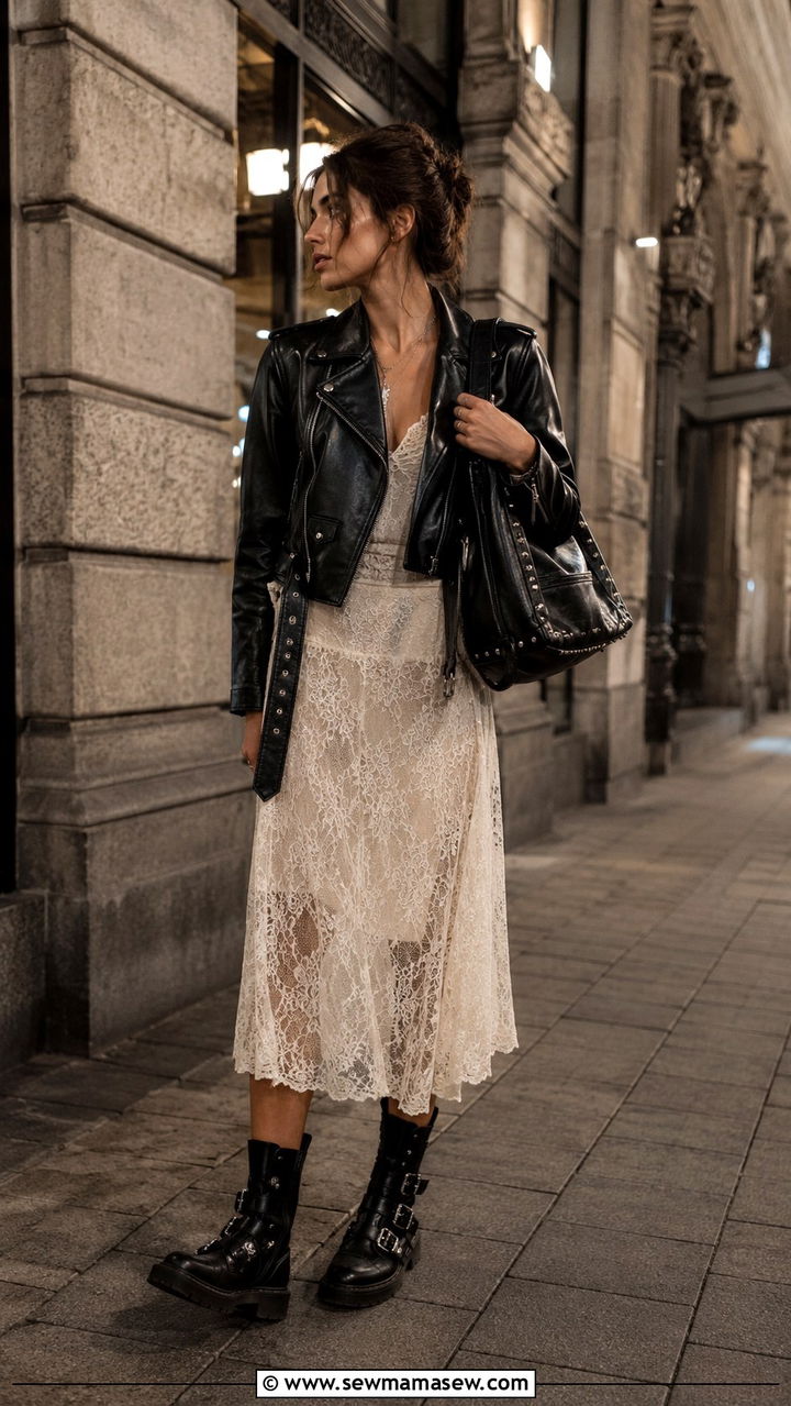 Moto boho lace dress with leather jacket and moto boots - 20 cute Pinterest outfits