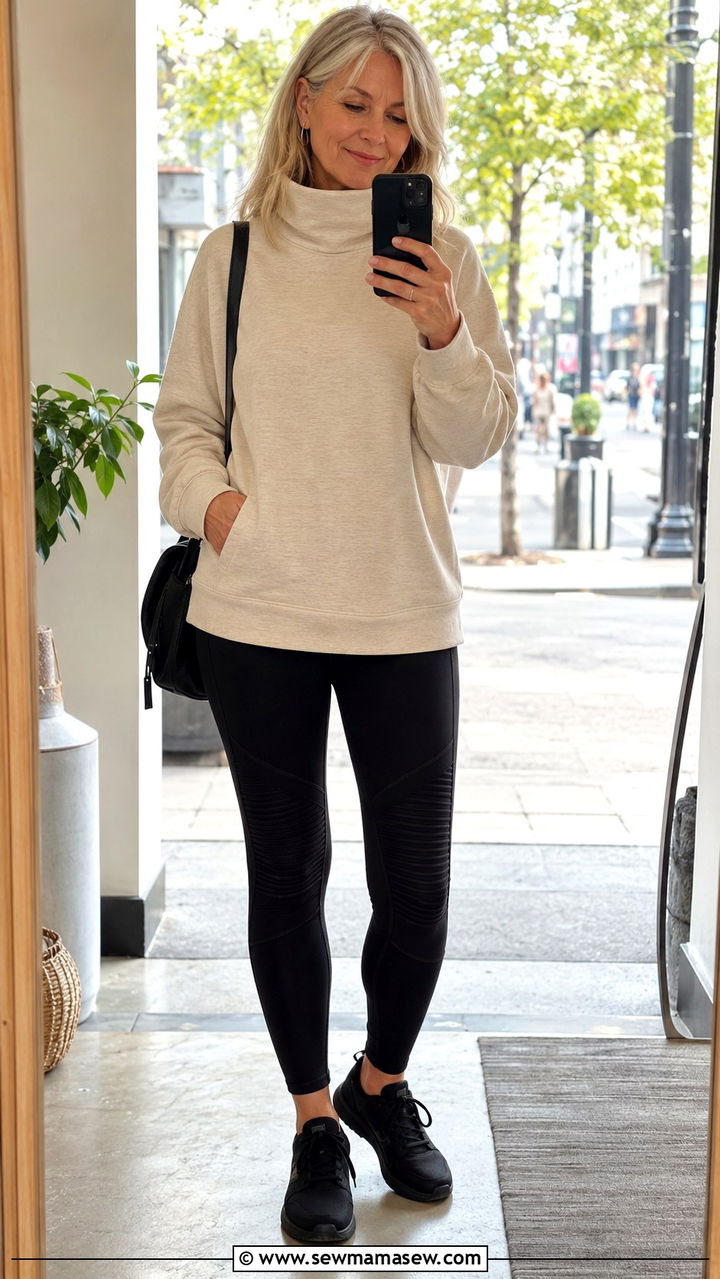 Moto leggings with funnel neck sweatshirt for women over 50 - 30 Outfit ideas for women over 50 athleisure