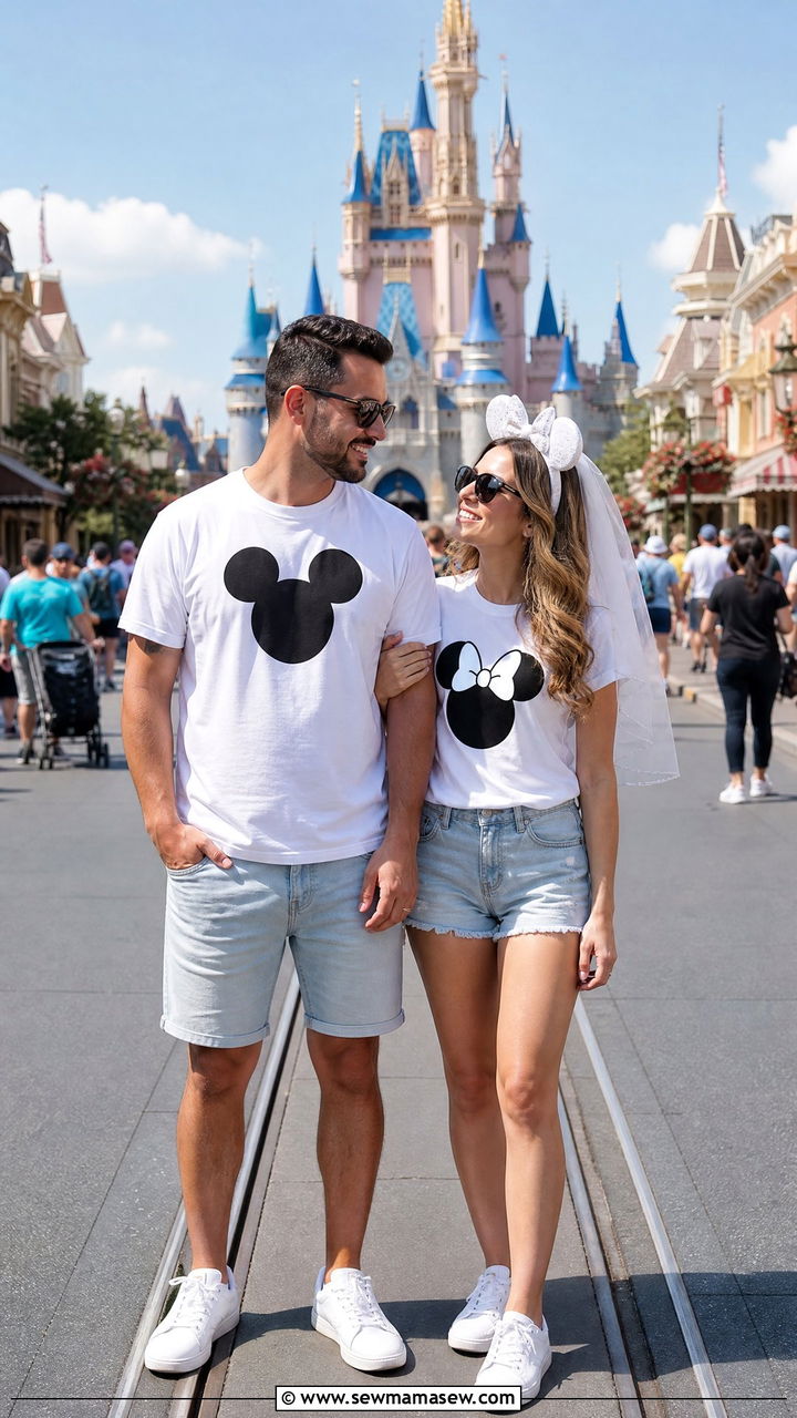 Mr and Mrs matching t shirts with denim shorts and sneakers - 30 Disney outfit ideas for honeymoon