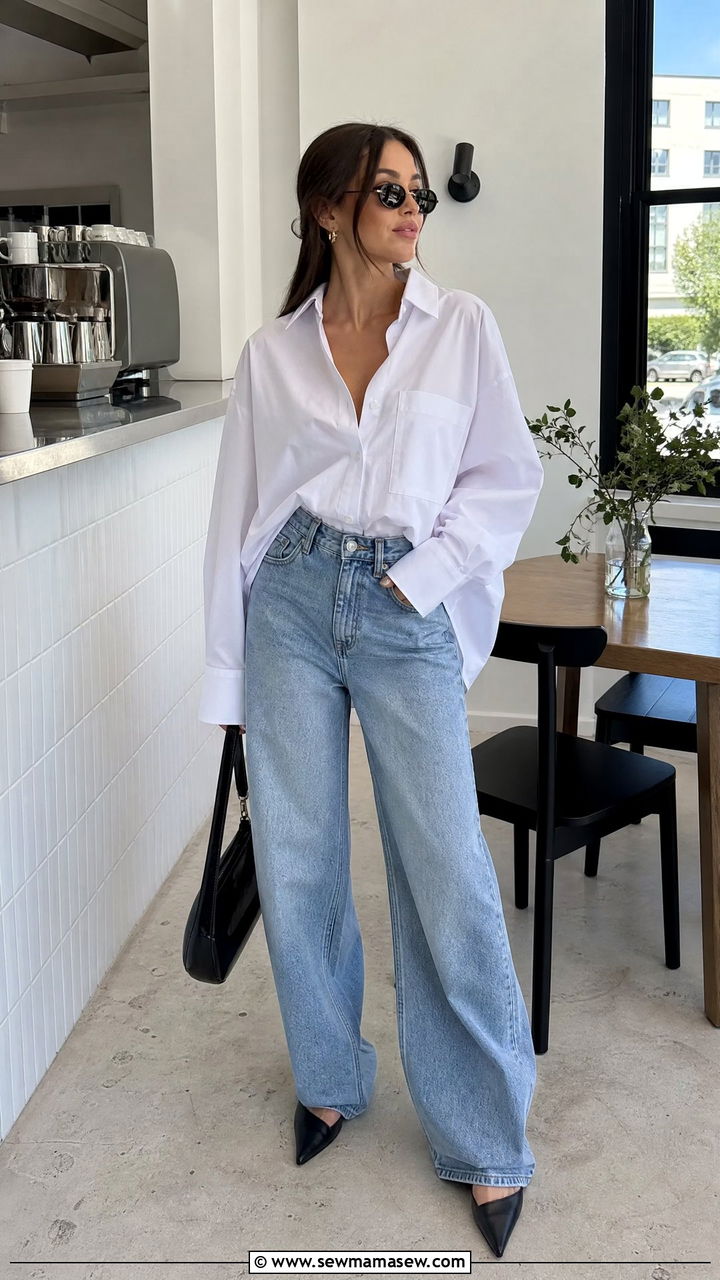 Mules with Oversized Poplin Shirt and Baggy Jeans - 30 Summer outfits with mules
