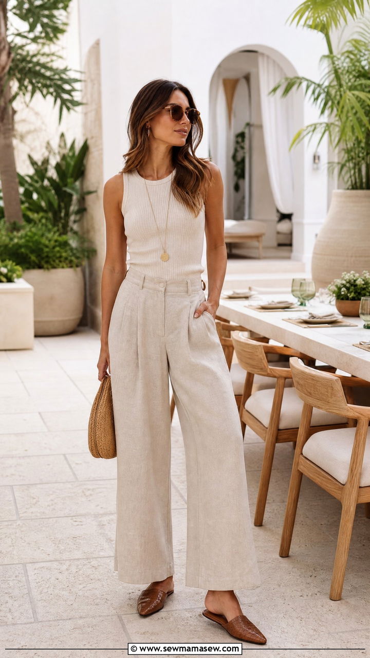 Mules with Ribbed Knit Tank and Linen Palazzo Pants - 30 Summer outfits with mules