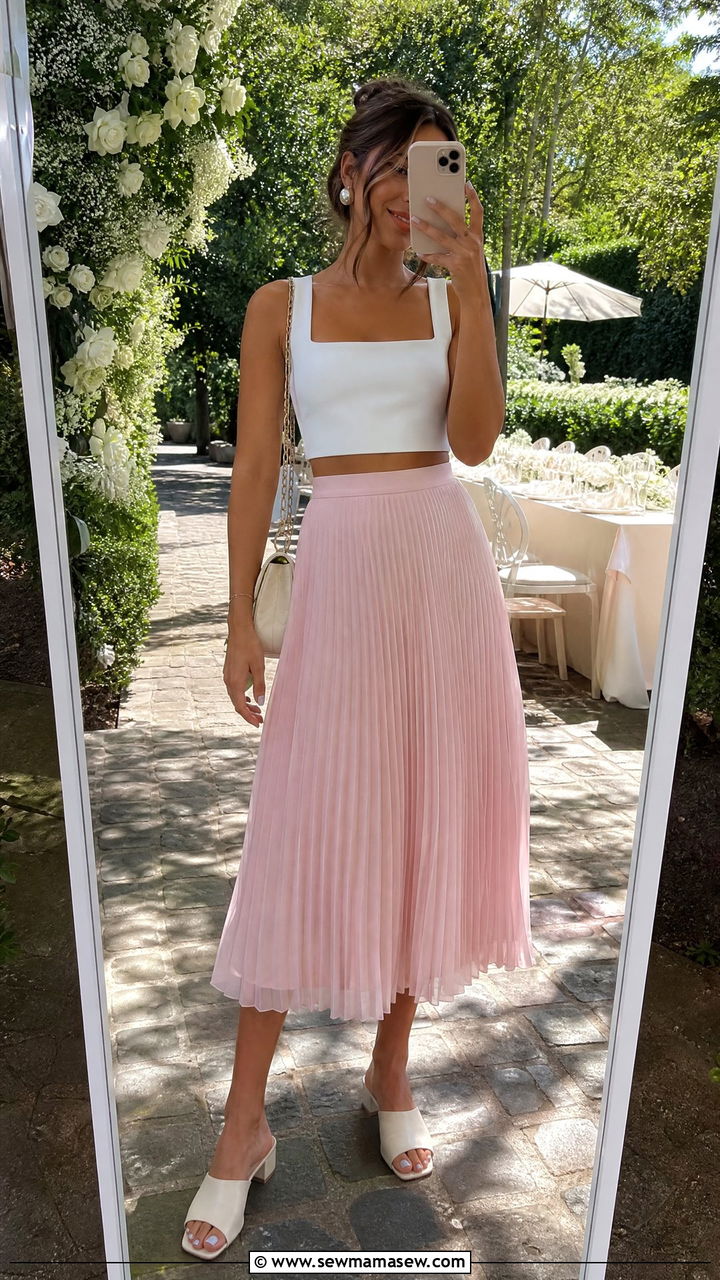 Mules with White Crop Top and Pleated Midi Skirt - 30 Summer outfits with mules