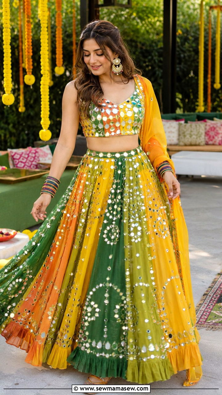 Multi Colored Co Ord Set With Mirror Work - 30 Mehndi outfit ideas