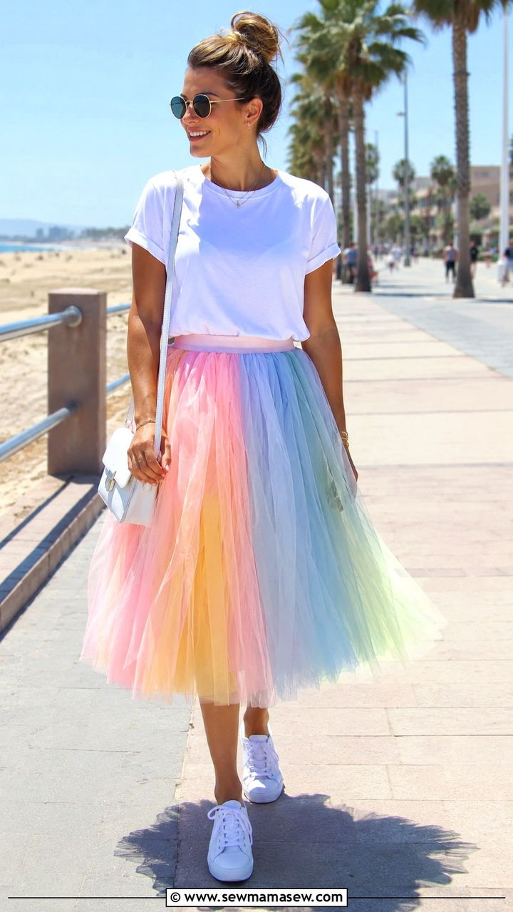 Multicolor Tulle Skirt With White Tee And Classic Sneakers Summer - 25 Tulle skirt outfit ideas with sneakers