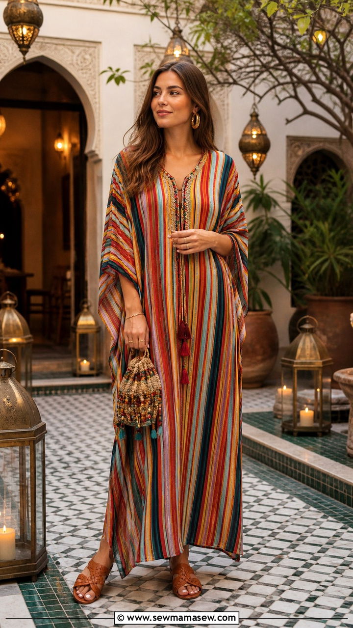Multicolored Striped Kaftan With Woven Leather Sandals - 40 Marrakech outfit ideas