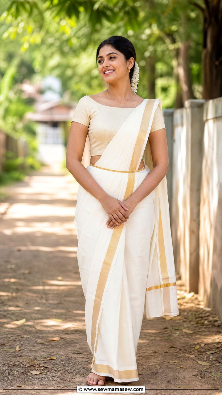 Mundum Neriyathum With Boat Neck Blouse - 25 Kerala outfit ideas