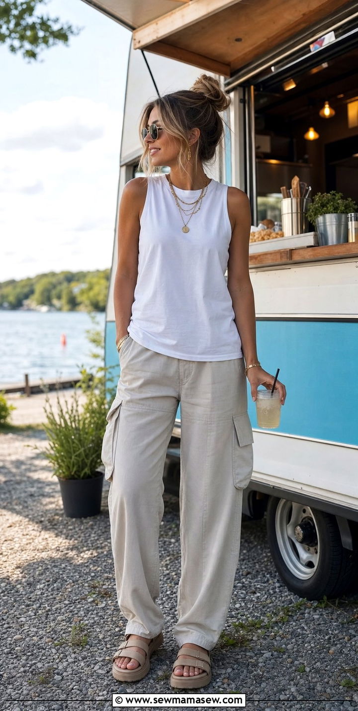 Muscle Tank With Relaxed Cargo Pants And Chunky Sandals - 25 Spring lake outfits