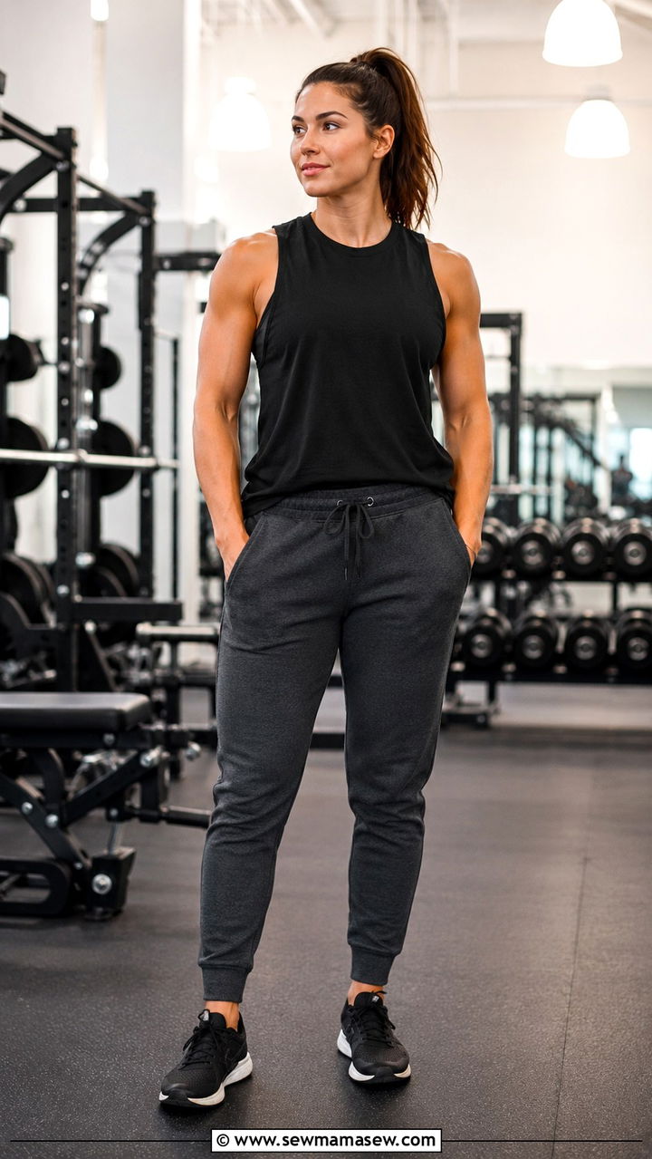 Muscle Tee and Charcoal Joggers With Running Shoes - 25 Personal trainer outfit ideas