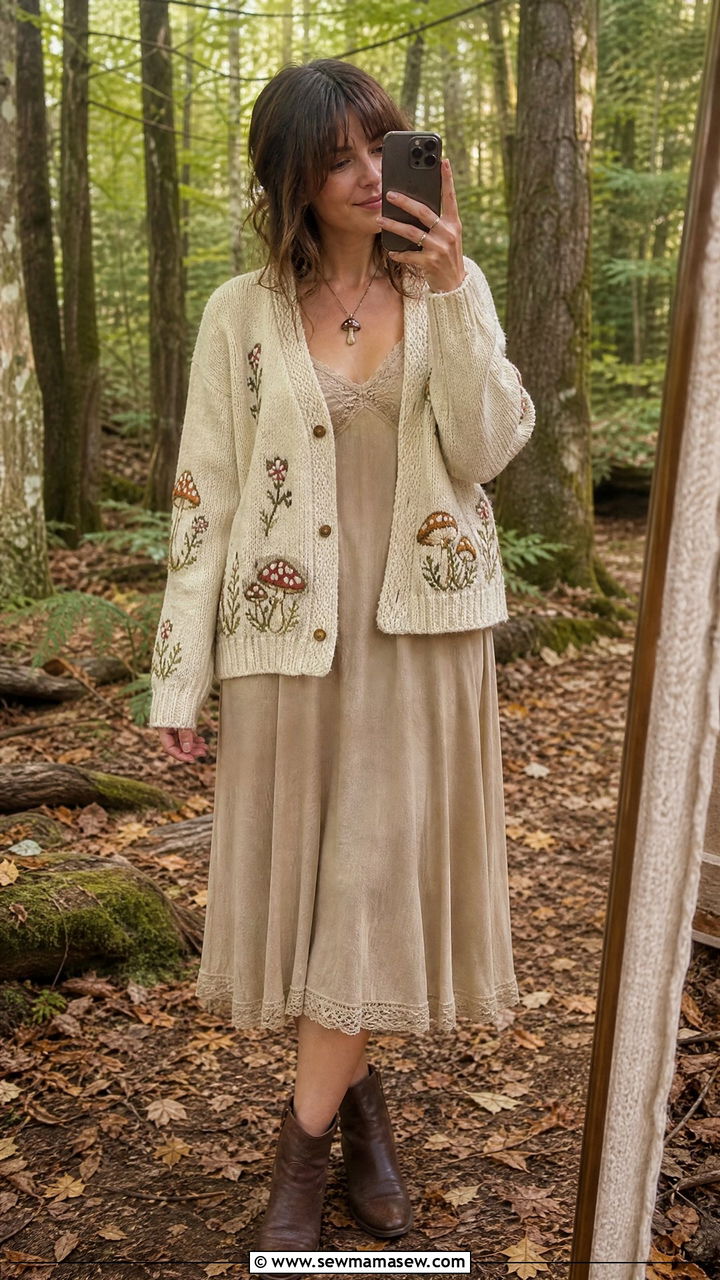 Mushroom Fairycore Embroidered Cardigan and Dress - 30 fairycore outfits for women