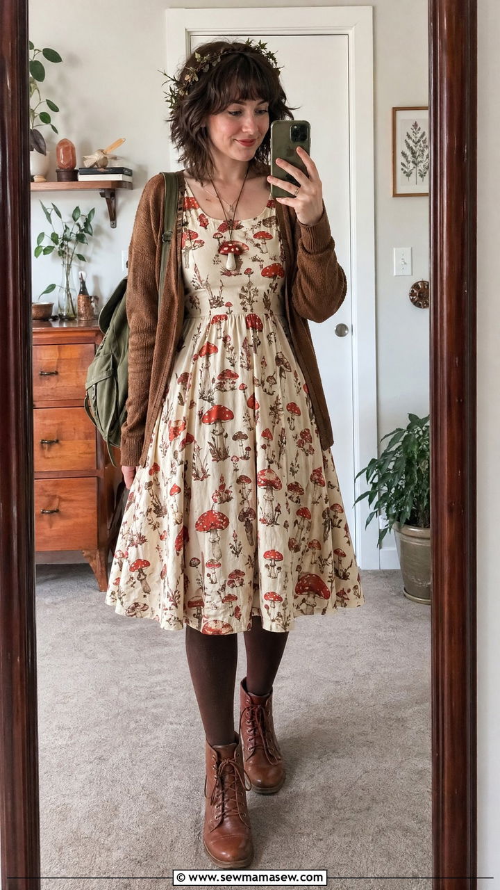 Mushroom Print Midi Dress Fairy Outfit - 35 Fairycore outfit ideas