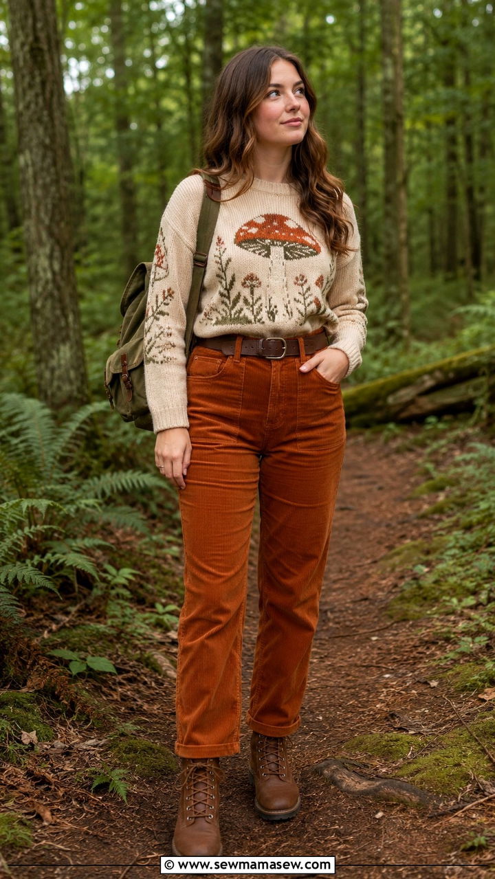 Mushroom Print Sweater With Corduroy Pants - 30 casual fairycore outfits
