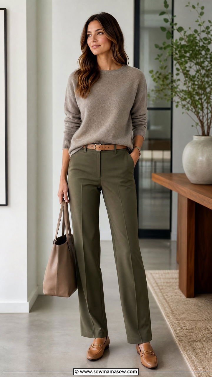Mushroom gray sweater with olive trousers - 30 Muted color outfit ideas