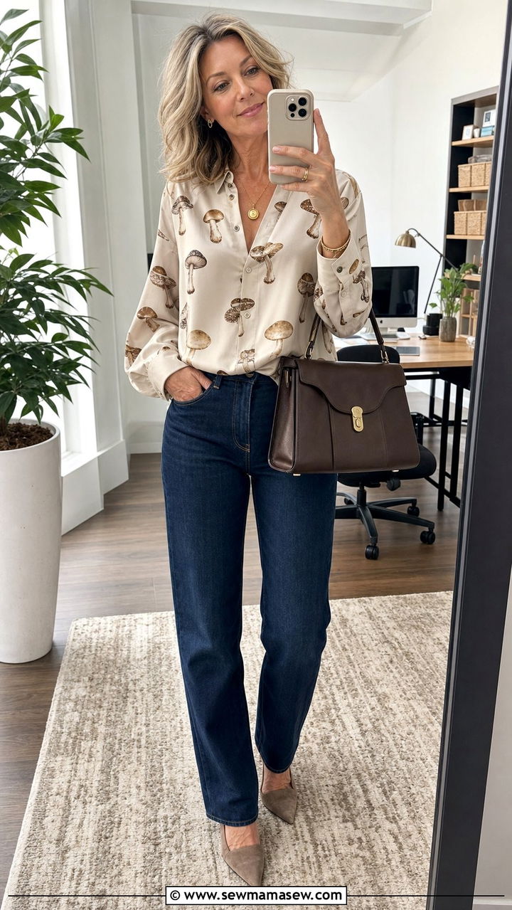Mushroom print blouse and dark jeans outfit - 25 fairycore outfit ideas for women over 40