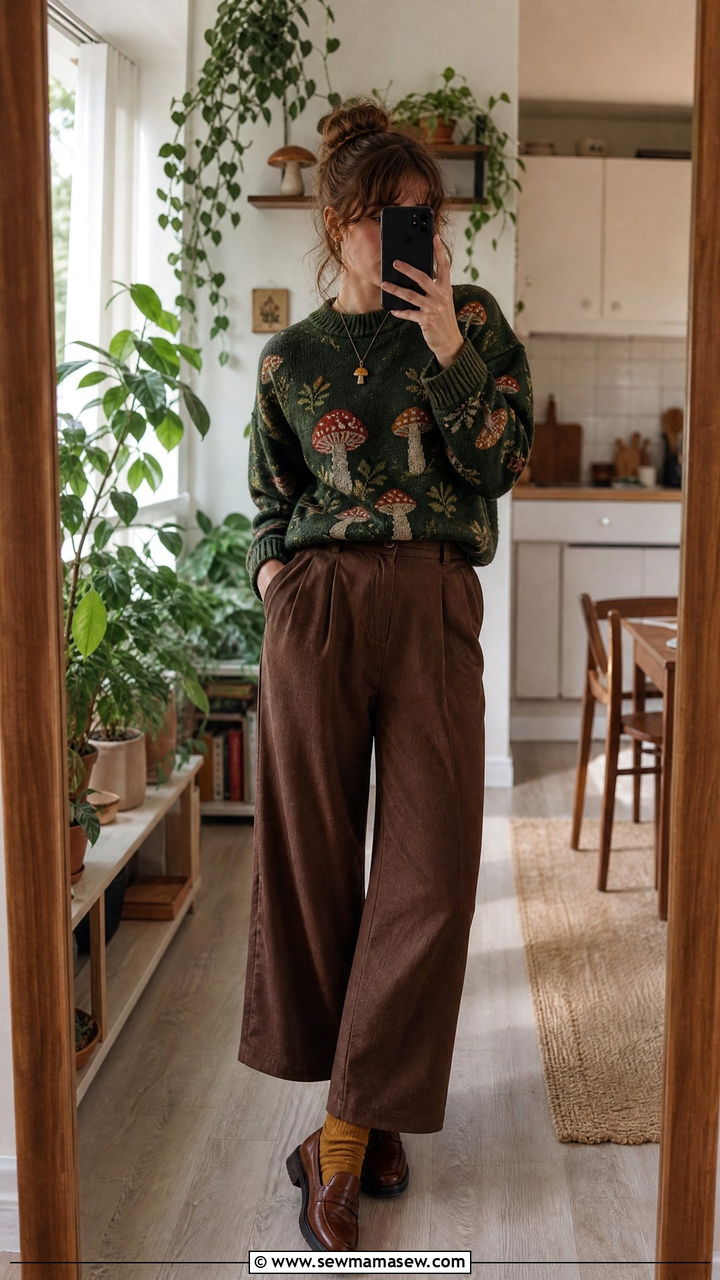 Mushroom print sweater with brown wide leg trousers and loafers - 30 Goblincore outfit ideas