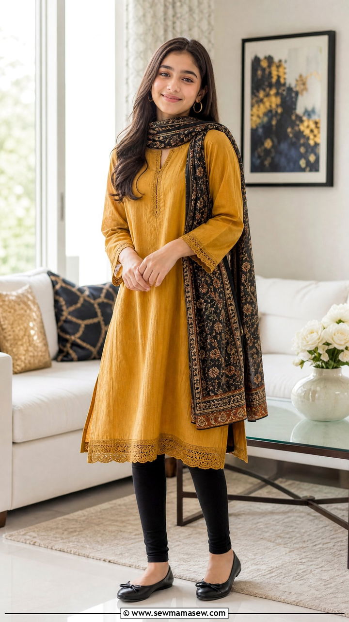 Mustard A Line Kurta with Leggings and Scarf - 30 Eid outfit ideas for teens