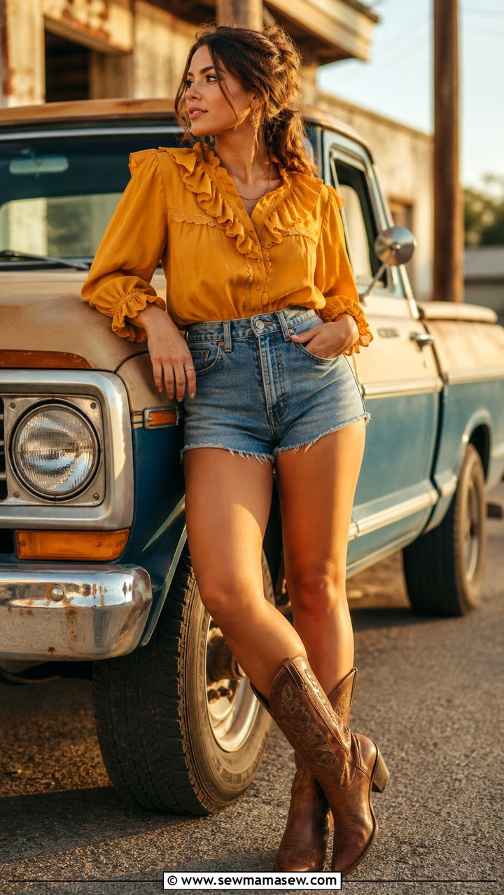 Mustard Blouse And Denim Shorts Vintage Western Outfit - 40 summer western outfits