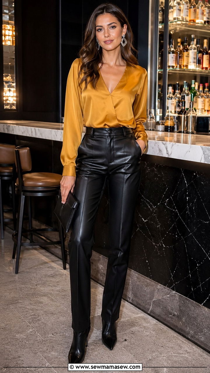 Mustard Blouse With Black Leather Pants - 40 All mustard outfit ideas