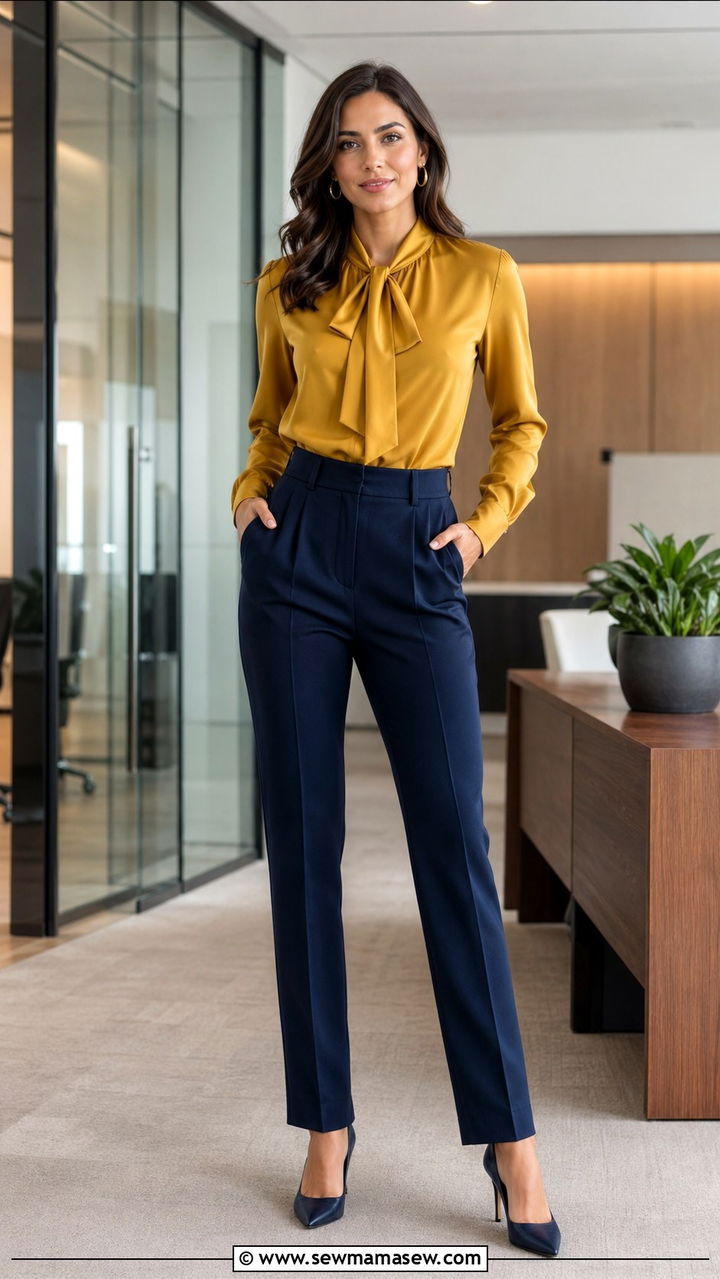Mustard Blouse With Navy Trousers - 40 All mustard outfit ideas