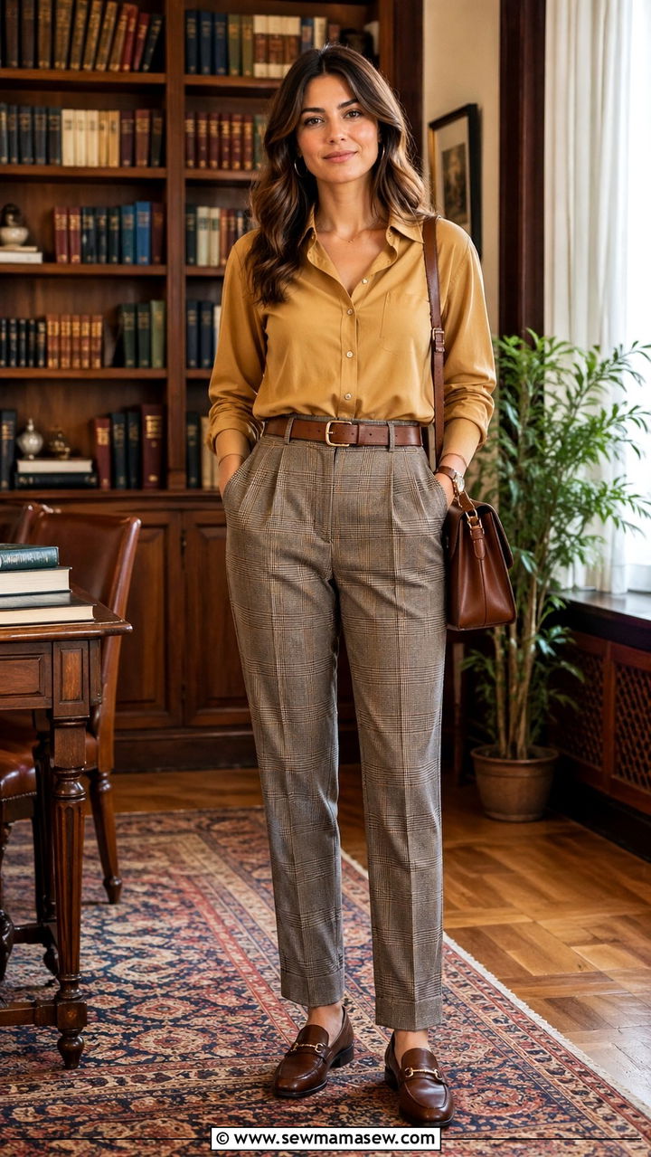 Mustard Blouse With Plaid Trousers - 40 All mustard outfit ideas
