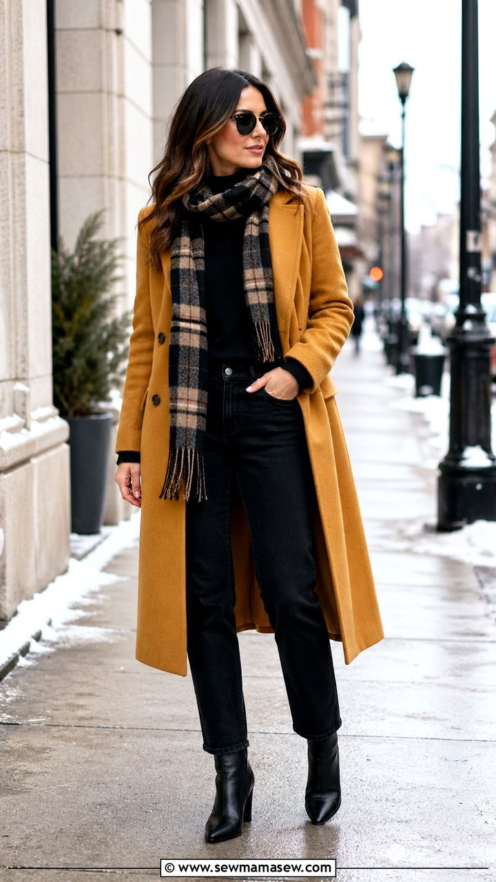 Mustard Coat With Black Jeans And Boots - 40 All mustard outfit ideas