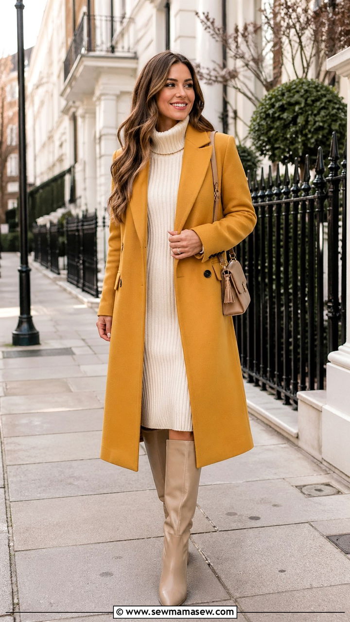 Mustard Coat With Cream Dress - 40 All mustard outfit ideas