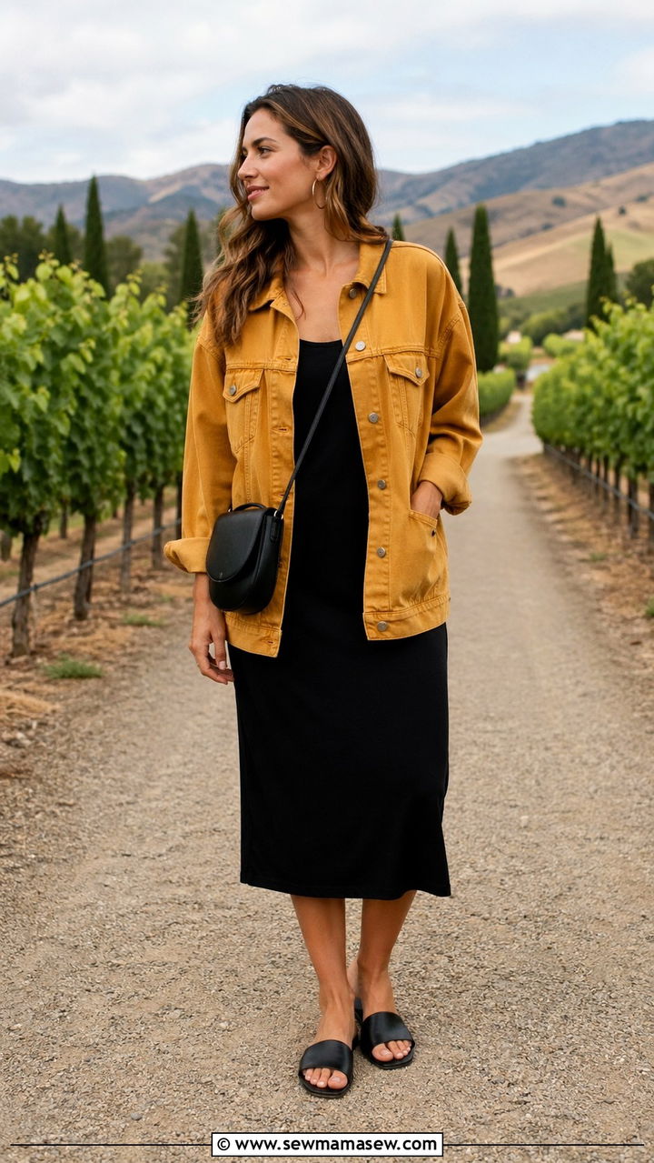 Mustard Denim Jacket With Black Dress - 40 All mustard outfit ideas