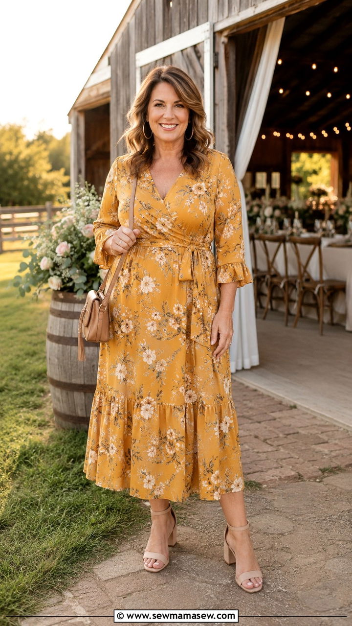 Mustard Floral Midi Dress With Neutral Accessories - 25 baby shower outfits for women over 40