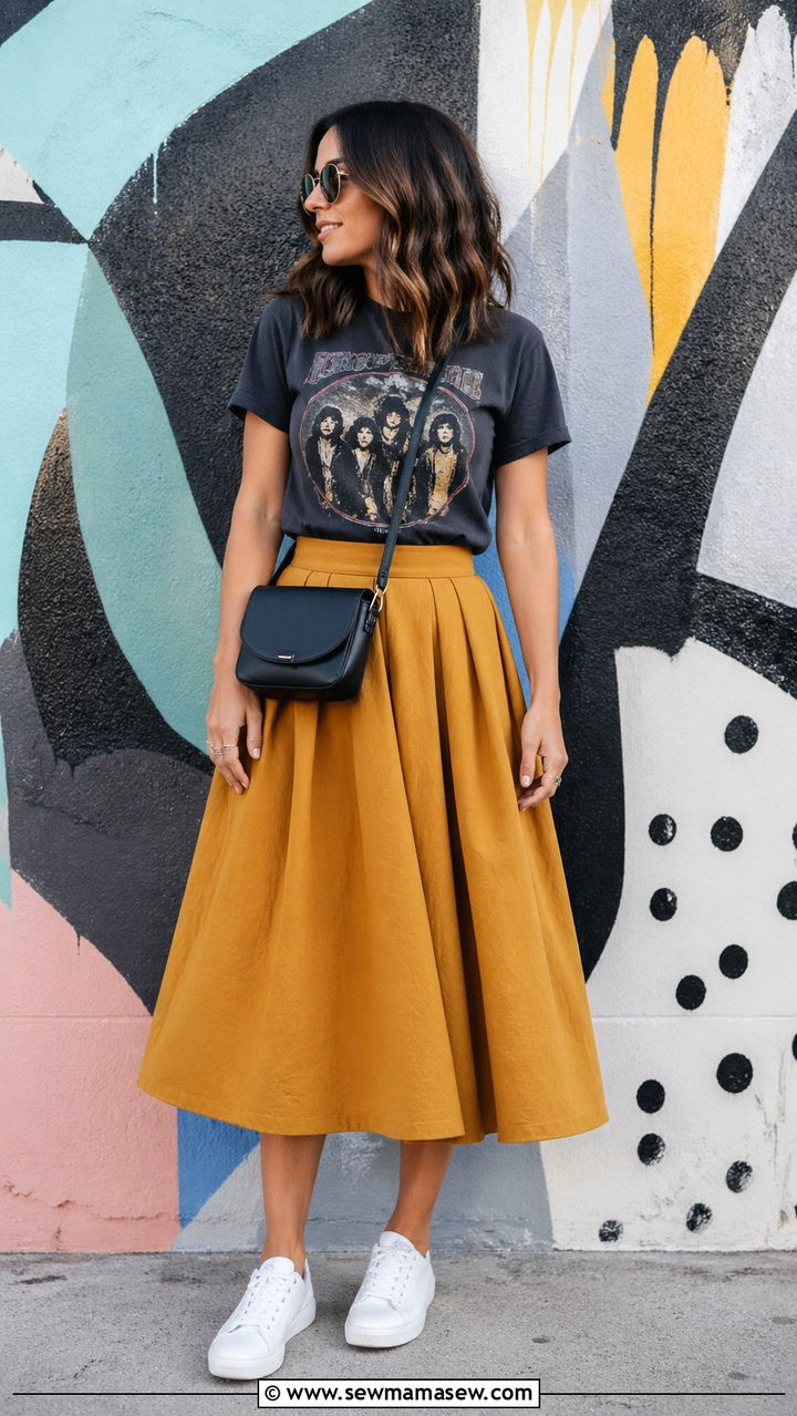 Mustard Full Skirt With Graphic Tee - 40 All mustard outfit ideas