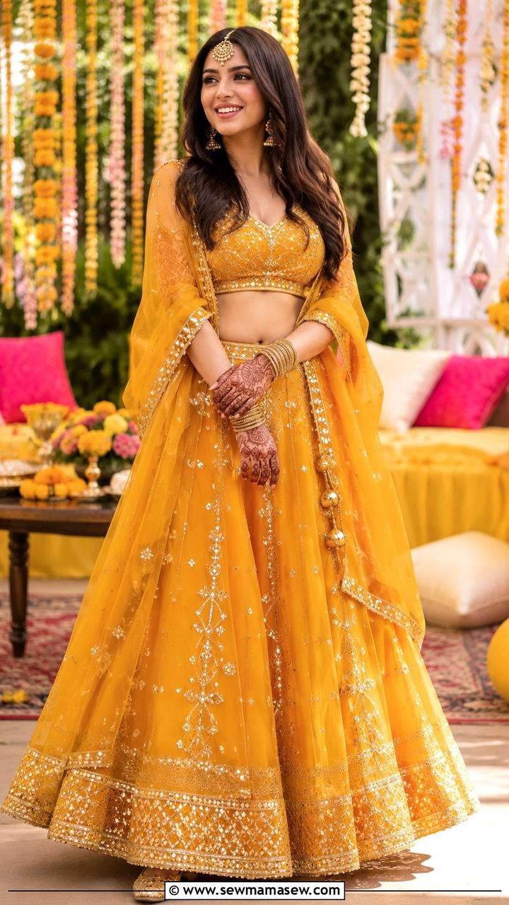 Mustard Lehenga Choli With Gota Work - 25 Mehndi outfit ideas 2026