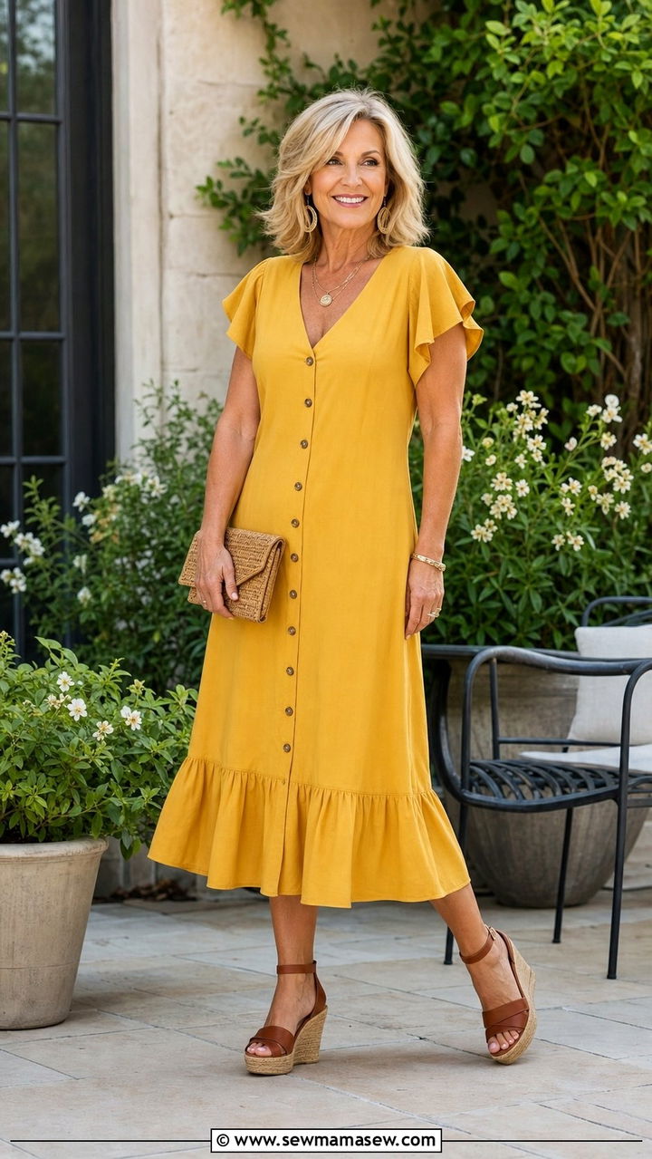 Mustard Midi Dress With Wedge Sandals Outfit - 35 Brunch outfits for women over 50