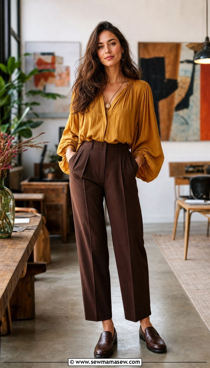 Mustard Poet Blouse With High Waisted Chocolate Trousers - 35 Boho spring outfit ideas 2026