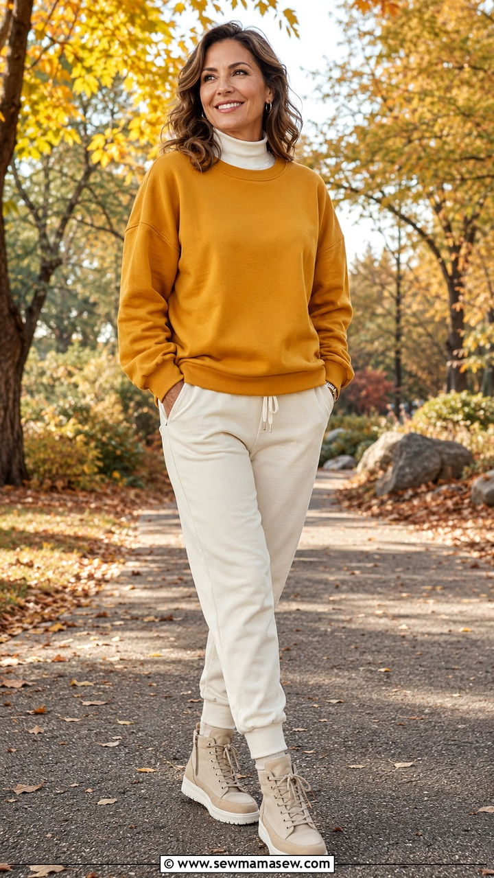 Mustard Pullover With Cream Joggers Outfit - 30 Outfit ideas for women over 40 athleisure