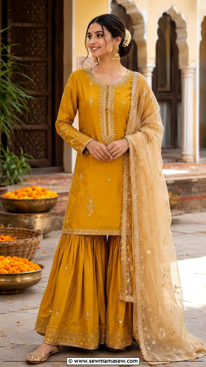 Mustard Silk Kurta With Gharara Pants And Organza Dupatta - 20 Wedding guest outfit ideas Haldi ceremony