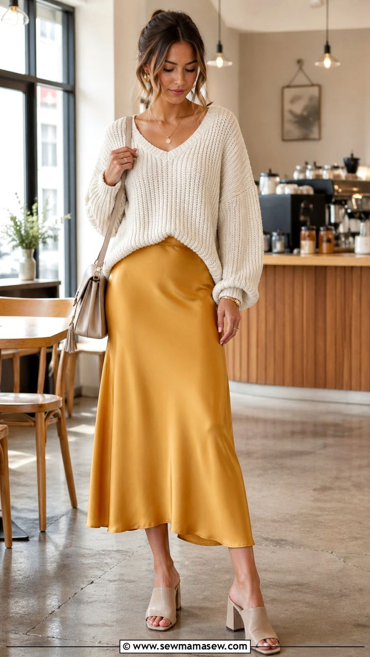 Mustard Slip Skirt With Oversized Knit - 40 All mustard outfit ideas