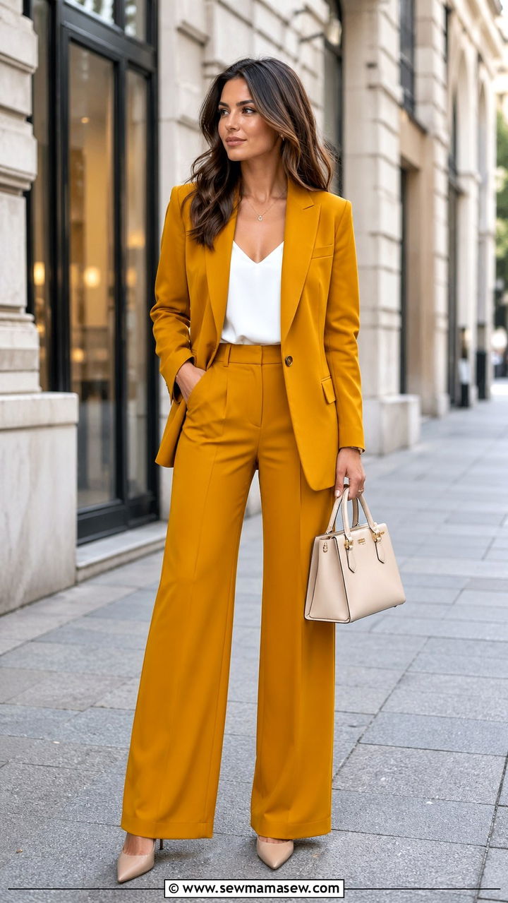 Mustard Suit Set With Nude Heels - 40 All mustard outfit ideas