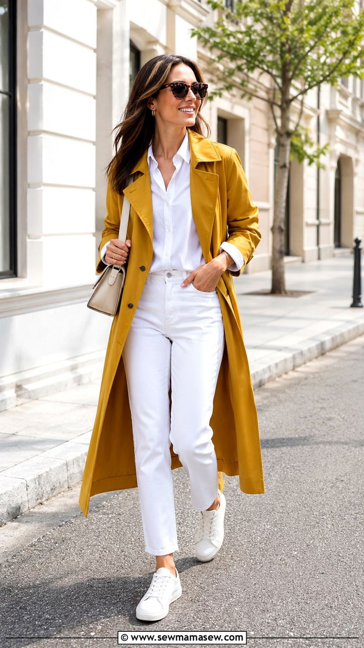 Mustard Trench Coat With All White Outfit - 40 All mustard outfit ideas