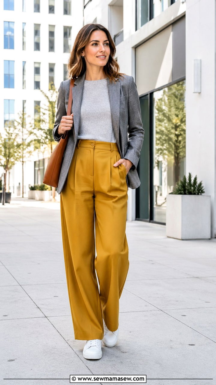 Mustard Wide Leg Pants With Gray Blazer - 40 All mustard outfit ideas
