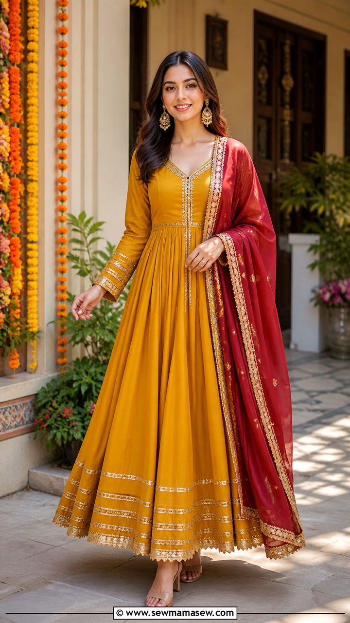 Mustard Yellow Anarkali With Contrast Dupatta - 40 Eid outfit ideas for women